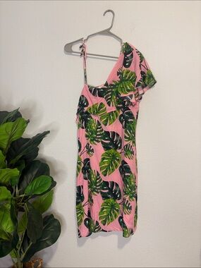 NWT All For Color Blushing Palms One-Shoulder Dress in Pink & Green